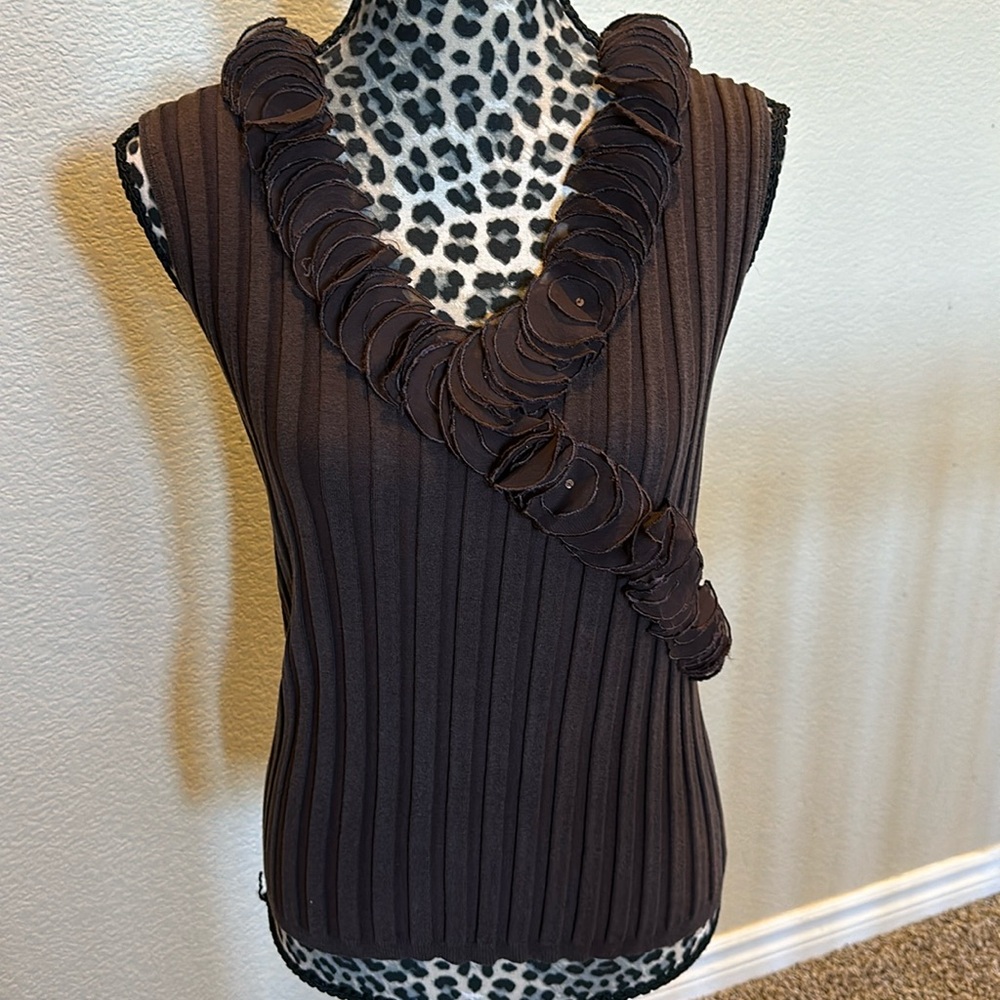 Evie brown sleeveless sweater with ruffles, size M